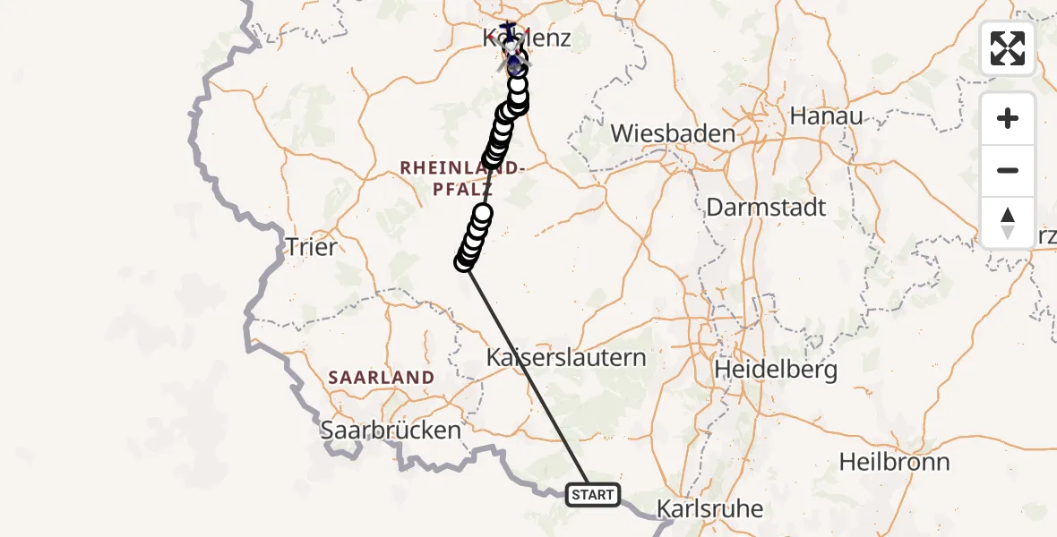 Flugroute Polizeihubschrauber Bobenthal - Koblenz-Winningen Flugplatz, 10 April 2026, 10:45