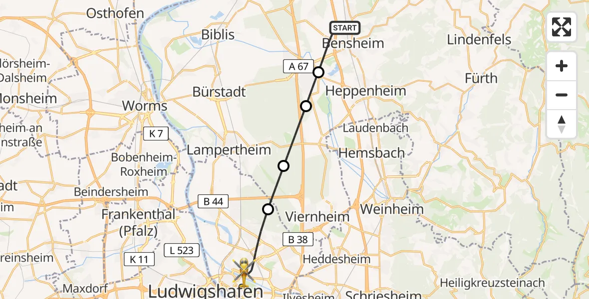 Flugroute Rettungshubschrauber Bensheim - Mannheim, 10 April 2026, 10:49