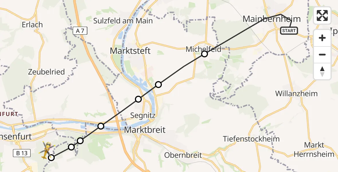 Flugroute Rettungshubschrauber Mainbernheim - Ochsenfurt Hospital, 10 April 2026, 10:52