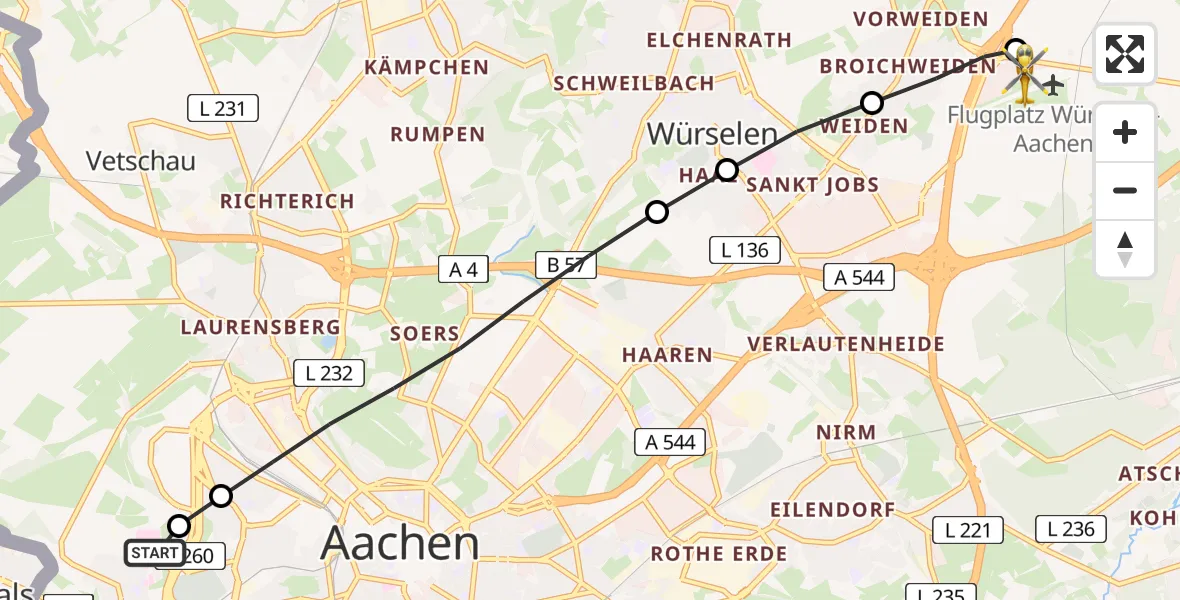 Flugroute Ambulanzhubschrauber Aachen Hospital - Aachen-Merzbrück Flughafen, 10 April 2026, 11:18