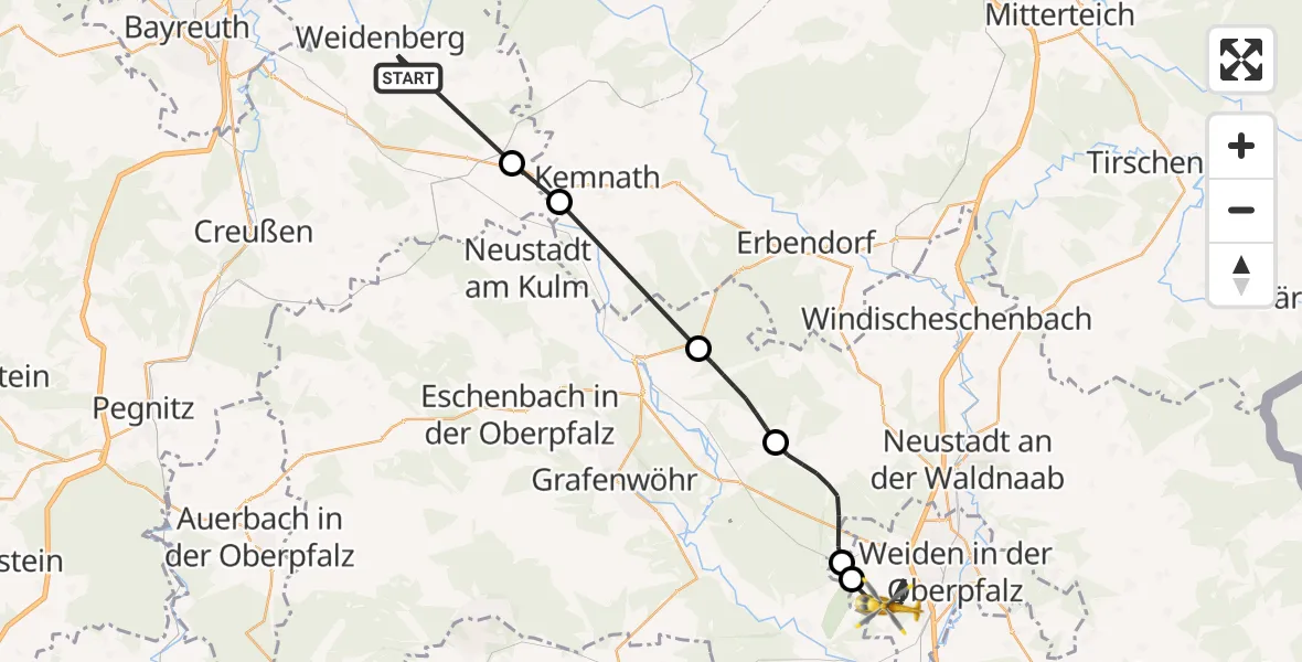 Flugroute Rettungshubschrauber Weidenberg - Weiden i.d.OPf., 10 April 2026, 11:21