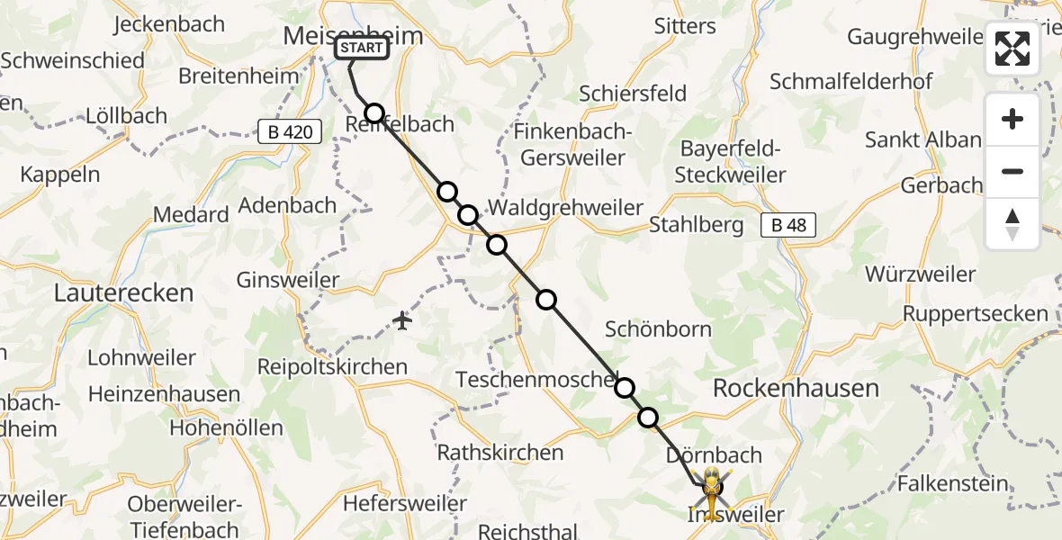 Flugroute Rettungshubschrauber Meisenheim - Imsweiler UL, 10 April 2026, 11:25