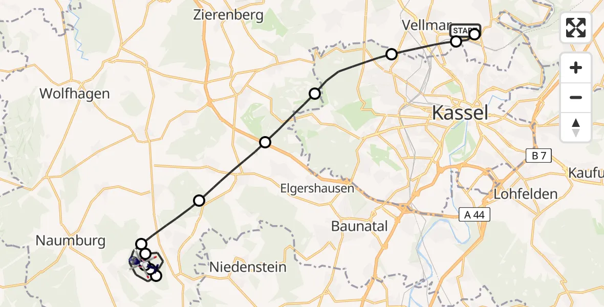 Flugroute Polizeihubschrauber Fuldatal Bundespolizei Hubschrauberlandeplatz - Naumburg, 10 April 2026, 11:43