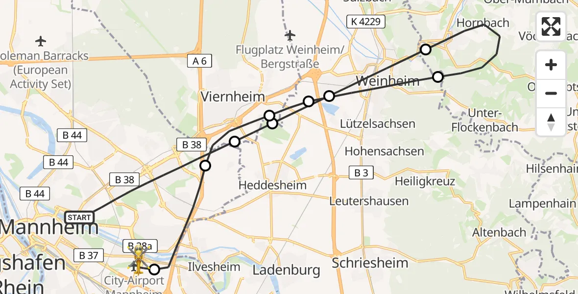 Flugroute Rettungshubschrauber Mannheim - Mannheim-City Flughafen, 10 April 2026, 11:51