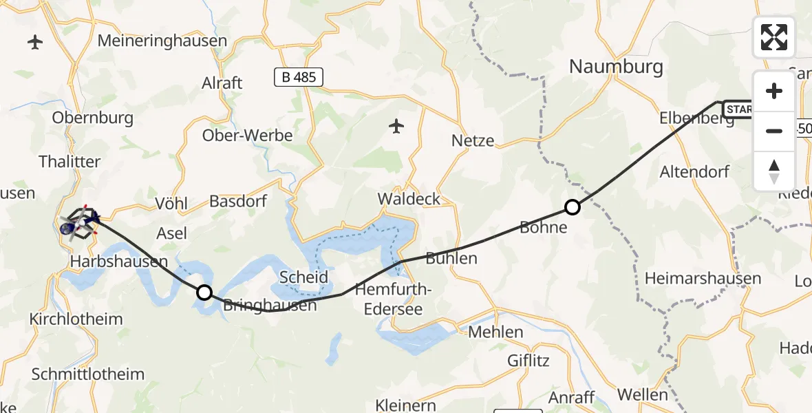 Flugroute Polizeihubschrauber Naumburg - Vöhl, 10 April 2026, 11:55