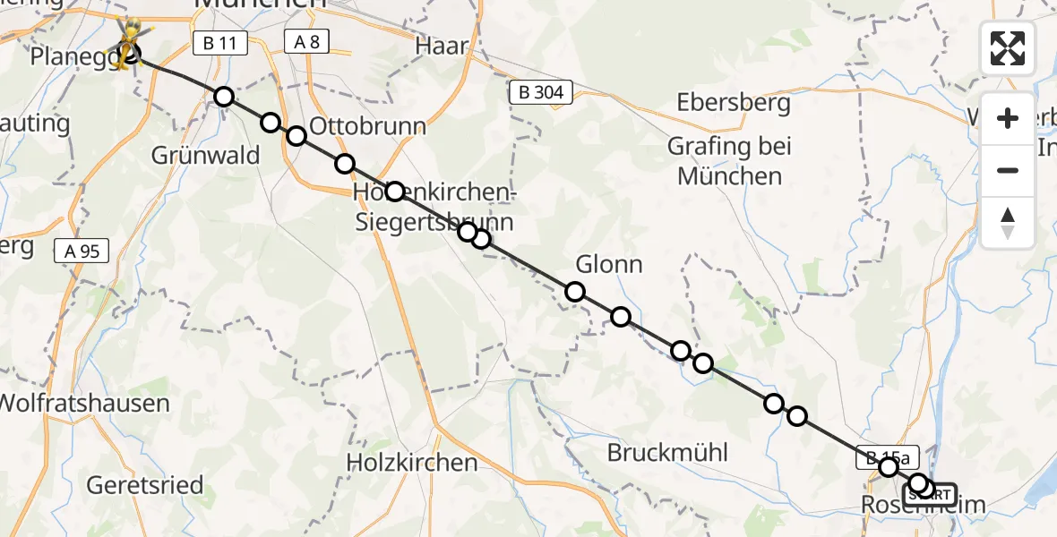 Flugroute Rettungshubschrauber RoMed Hospital Rosenheim - DRF Air Rescue München Hubschrauberlandeplatz, 10 April 2026, 12:00