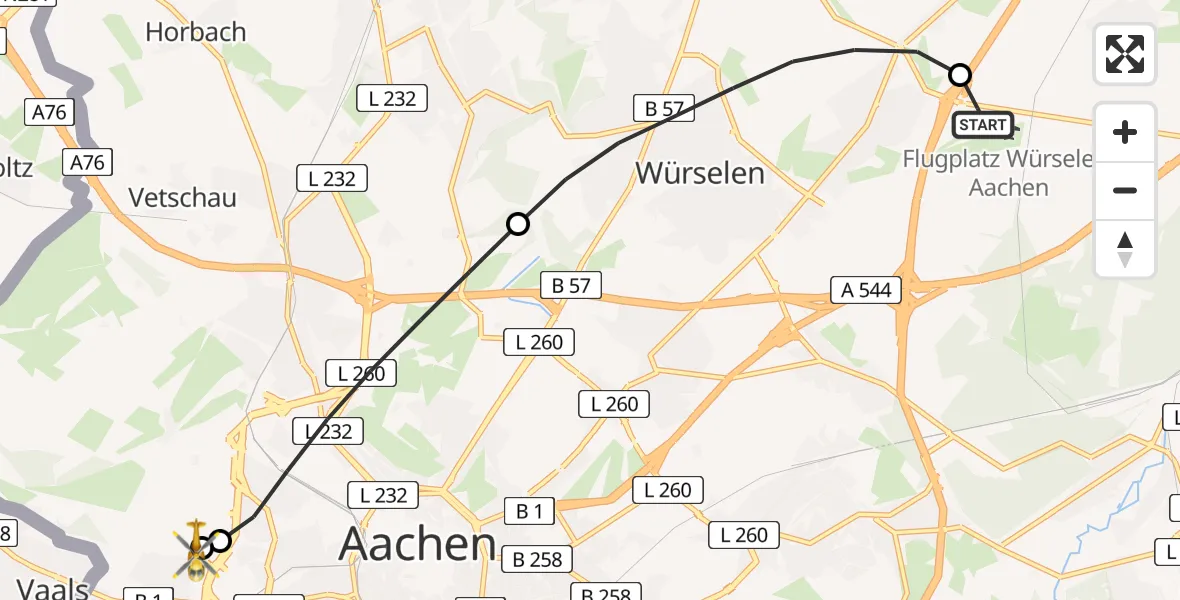 Flugroute Ambulanzhubschrauber Aachen-Merzbrück Flughafen - Aachen Hospital, 10 April 2026, 12:01