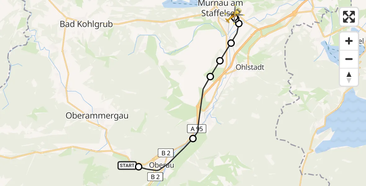 Flugroute Rettungshubschrauber Ettaler Forst - Murnau Accident Hospital, 10 April 2026, 12:12