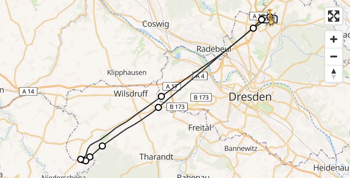 Flugroute Rettungshubschrauber Dresden Flughafen - Dresden Bundespolizei Hubschrauberlandeplatz, 10 April 2026, 12:29