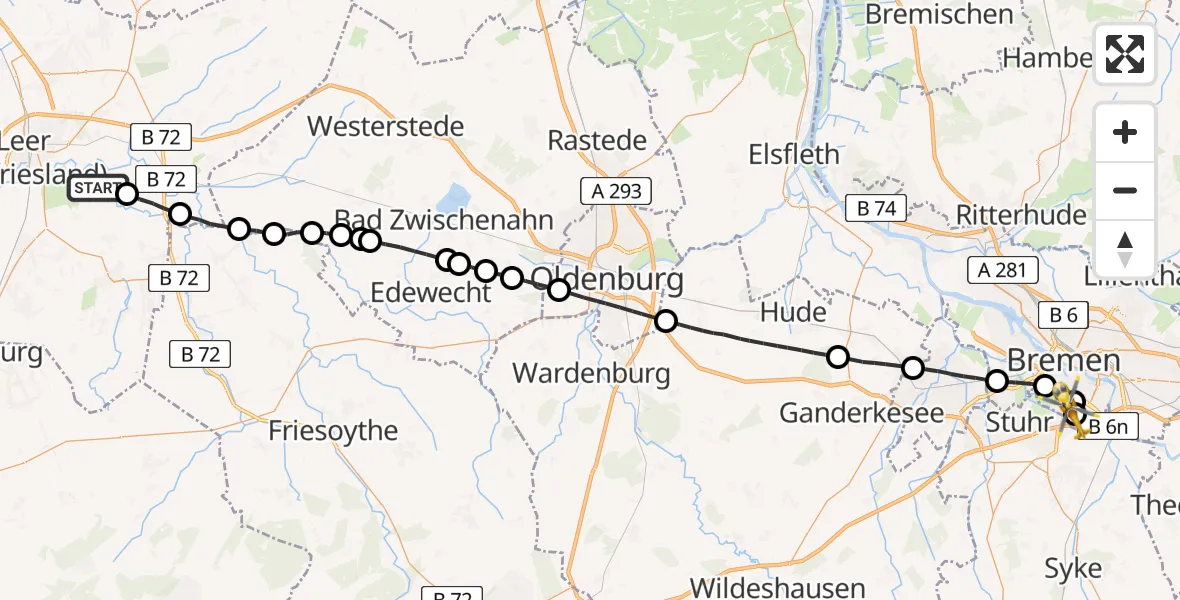 Flugroute Rettungshubschrauber Detern - ADAC Air Rescue Station Bremen Hubschrauberlandeplatz (Christoph 6), 10 April 2026, 12:42
