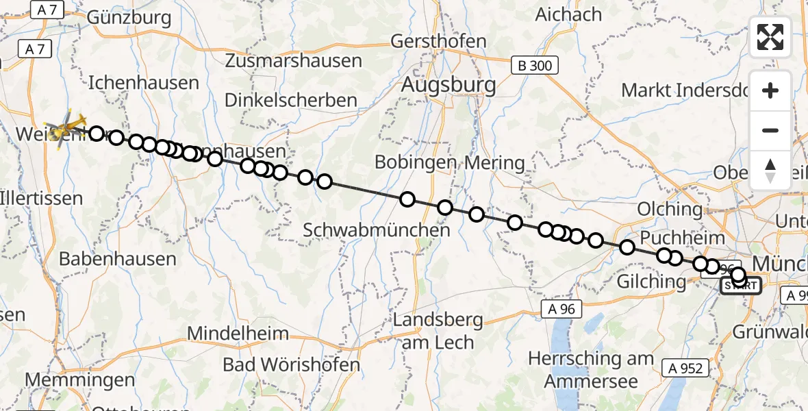 Flugroute Rettungshubschrauber DRF Air Rescue München Hubschrauberlandeplatz - Weißenhorn, 10 April 2026, 12:43