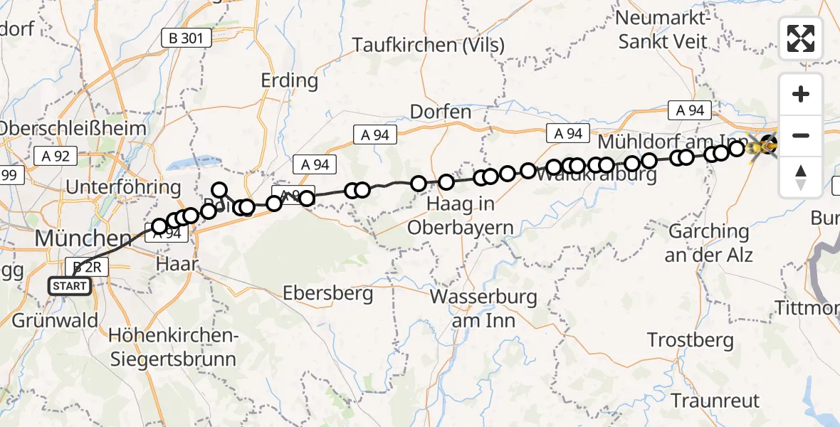 Flugroute Rettungshubschrauber München - Altötting-Burghausen District Hospital Altötting, 10 April 2026, 12:55