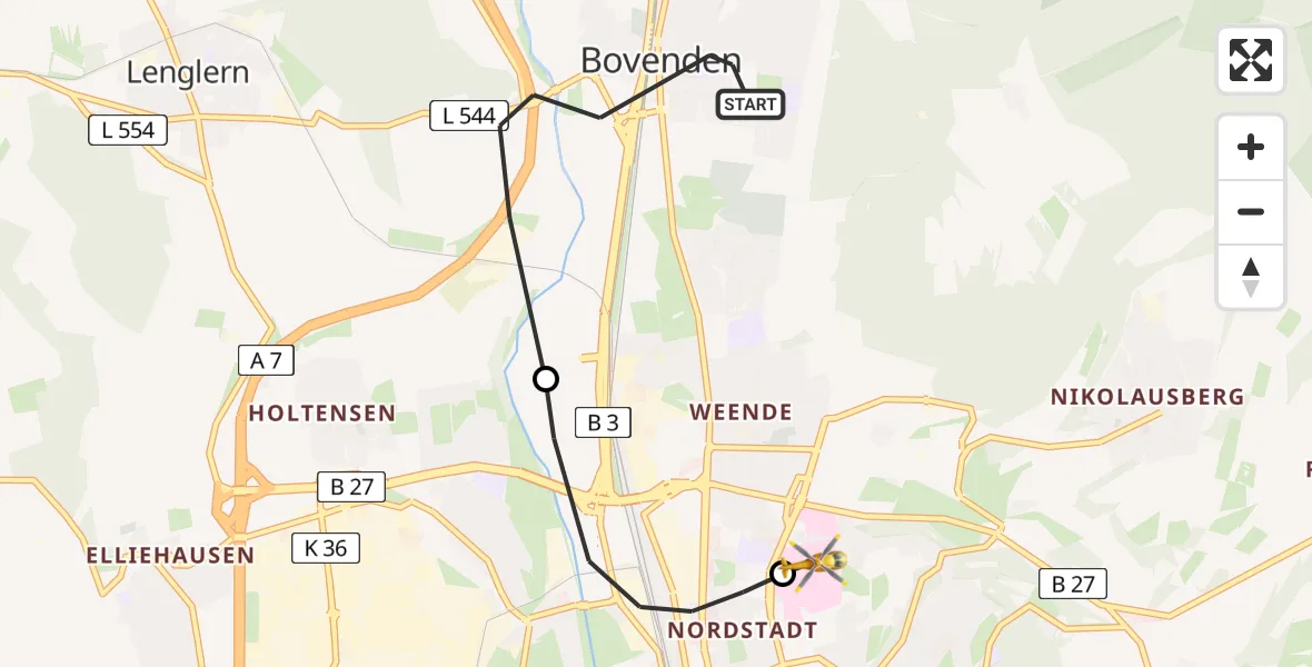 Flugroute Rettungshubschrauber Bovenden - Göttingen University Clinic Hubschrauberlandeplatz, 10 April 2026, 12:55