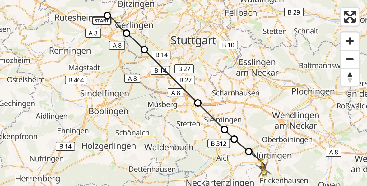 Flugroute Rettungshubschrauber Leonberg Hospital - Nürtingen, 10 April 2026, 13:04