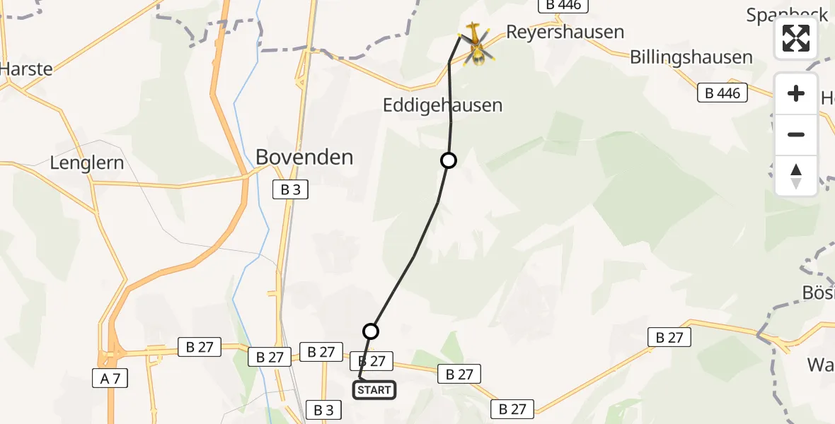 Flugroute Rettungshubschrauber Göttingen University Clinic Hubschrauberlandeplatz - Bovenden, 10 April 2026, 13:14