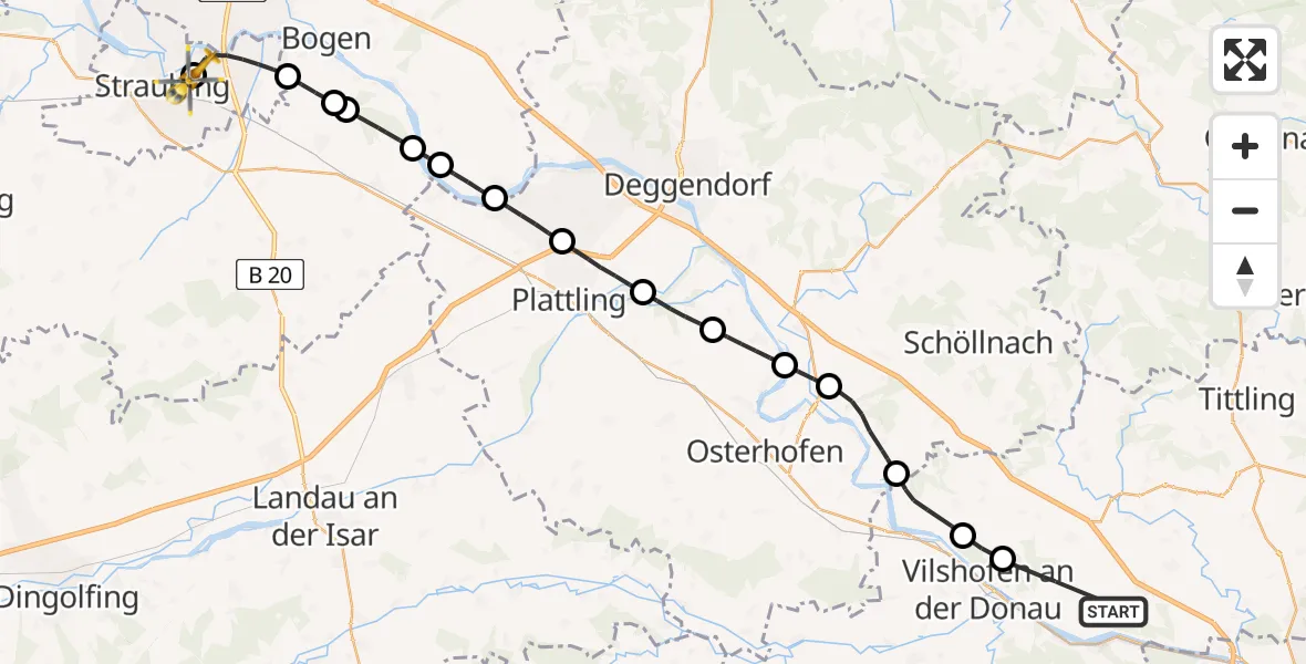 Flugroute Rettungshubschrauber Windorf - Sankt Elisabeth Hospital Straubing, 10 April 2026, 13:15
