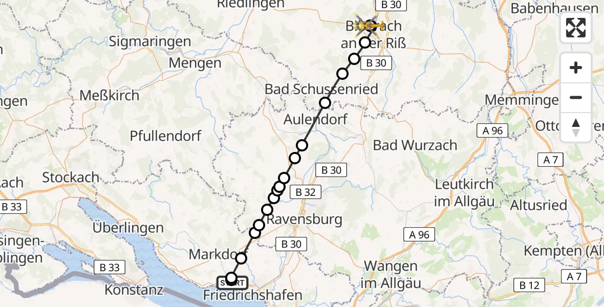 Flugroute Rettungshubschrauber Friedrichshafen Hospital - Sana Clinic Biberach District Hospital, 10 April 2026, 13:34
