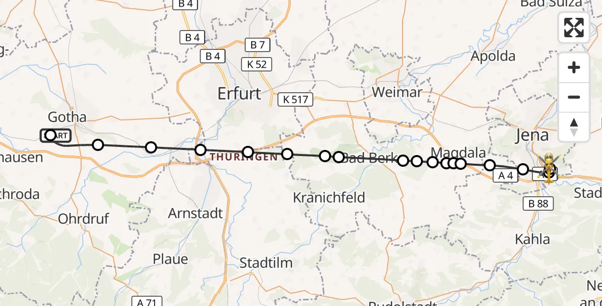 Flugroute Ambulanzhubschrauber Helios Clinic Gotha - Jena University Hospital, 10 April 2026, 13:42