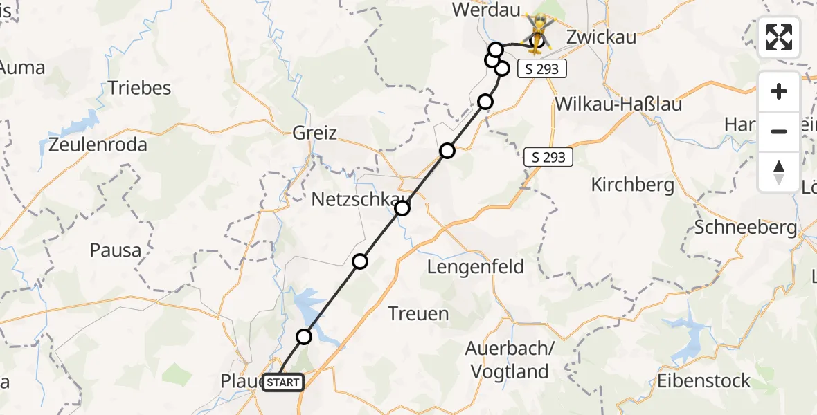 Flugroute Rettungshubschrauber Plauen - ADAC Air Rescue Station Zwickau Hubschrauberlandeplatz, 10 April 2026, 13:50