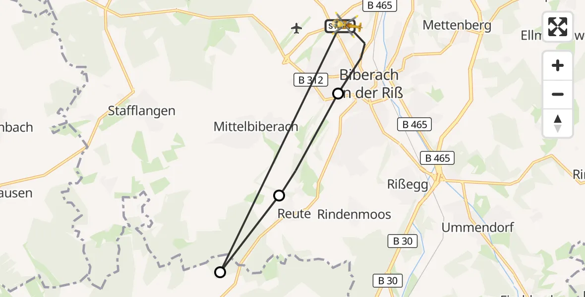 Flugroute Rettungshubschrauber Sana Clinic Biberach District Hospital - Sana Clinic Biberach District Hospital, 10 April 2026, 13:52