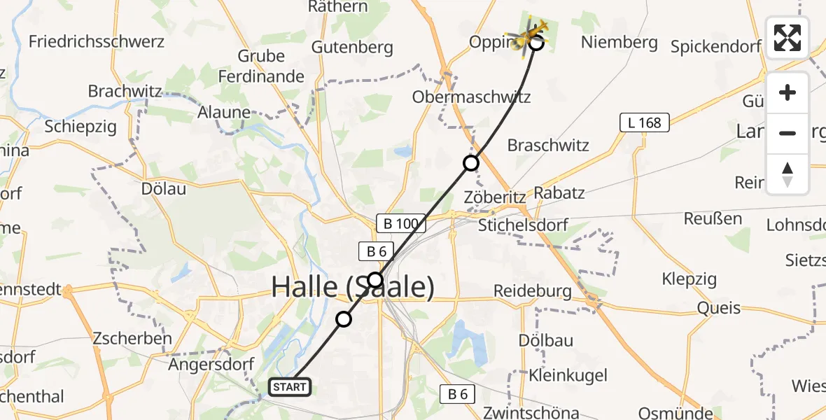 Flugroute Rettungshubschrauber Halle (Saale) - Halle-Oppin Flugplatz, 10 April 2026, 13:53