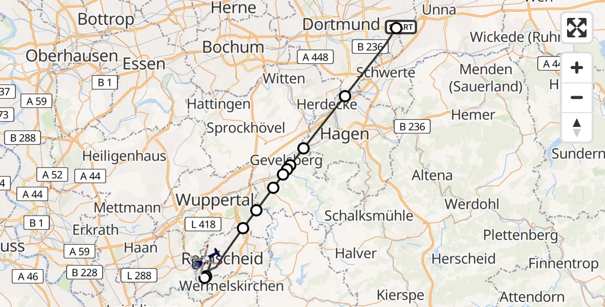 Flugroute Polizeihubschrauber Dortmund Flughafen - Remscheid, 10 April 2026, 14:02