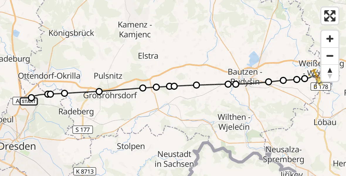 Flugroute Rettungshubschrauber Dresden Bundespolizei Hubschrauberlandeplatz - Weißenberg, 10 April 2026, 14:04