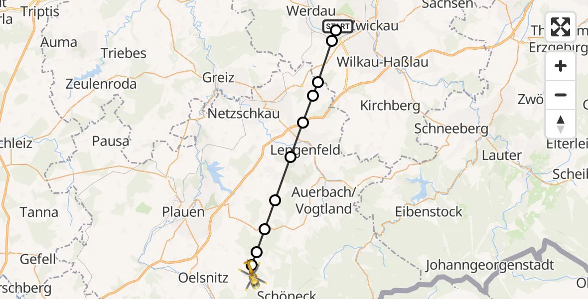 Flugroute Rettungshubschrauber ADAC Air Rescue Station Zwickau Hubschrauberlandeplatz - Tirpersdorf, 10 April 2026, 14:13
