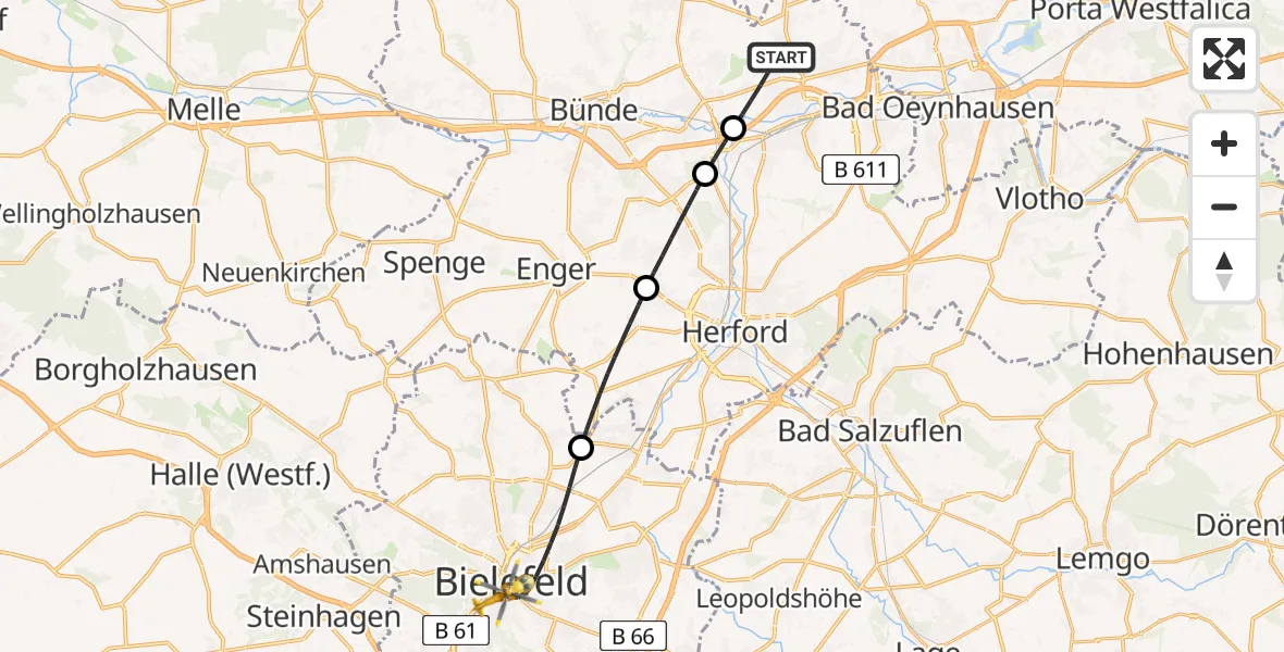 Flugroute Rettungshubschrauber Löhne - Bielefeld, 10 April 2026, 14:15