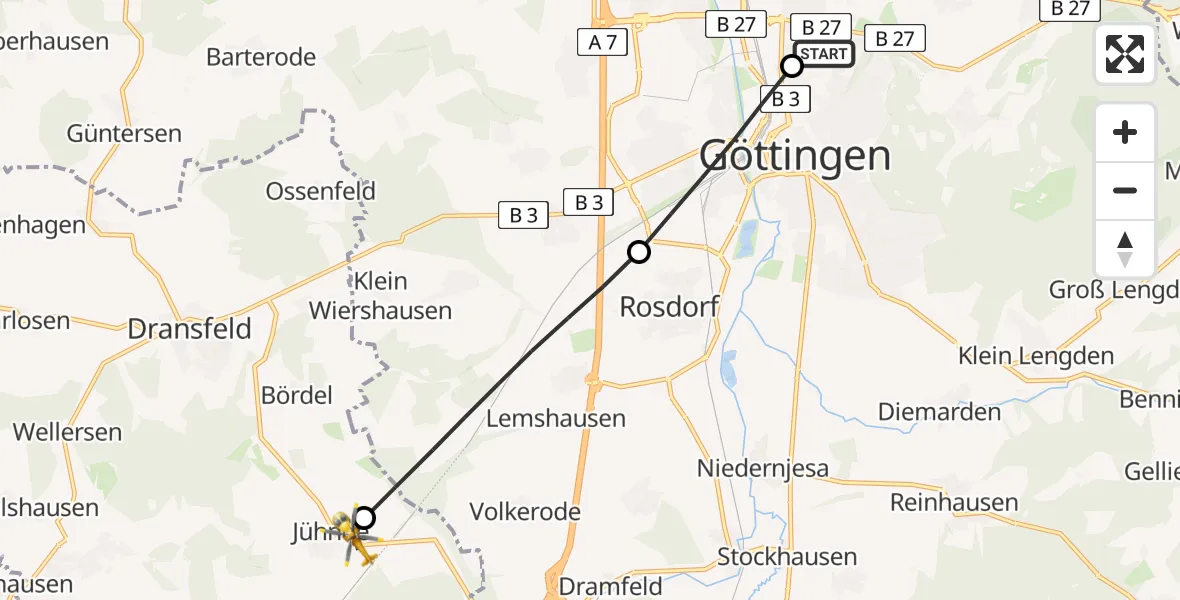 Flugroute Rettungshubschrauber Göttingen University Clinic Hubschrauberlandeplatz - Jühnde, 10 April 2026, 14:20