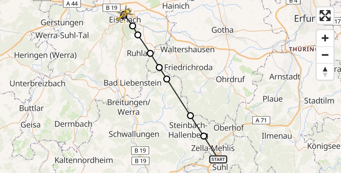Flugroute Rettungshubschrauber Zella-Mehlis - Sankt Georg Hospital Eisenach, 10 April 2026, 14:26