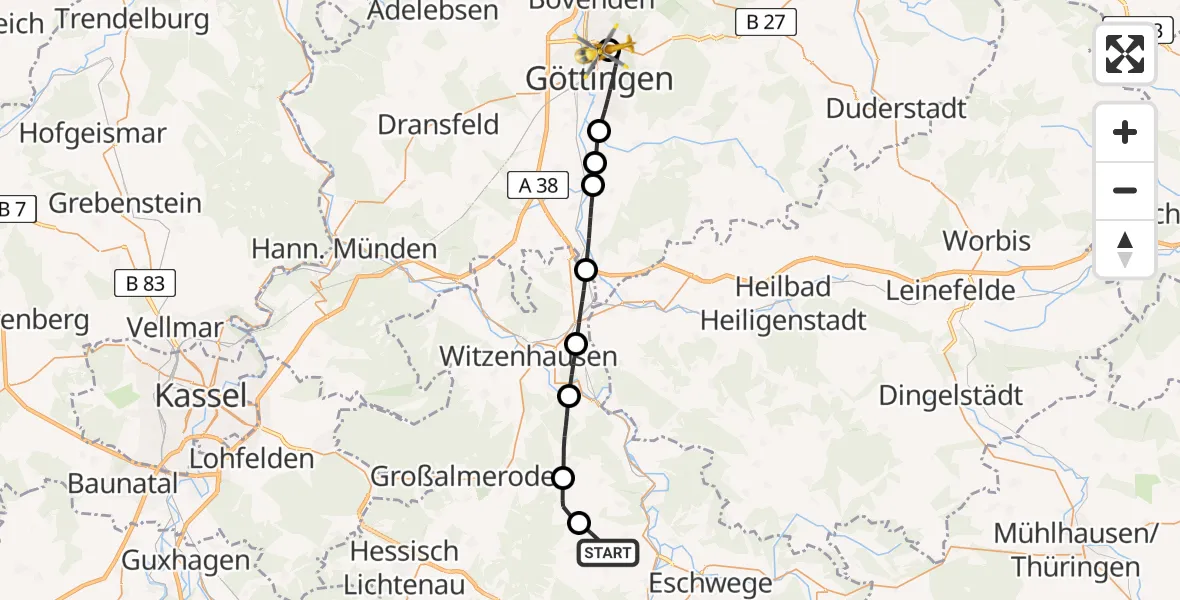 Flugroute Rettungshubschrauber Meißner - Göttingen University Clinic Hubschrauberlandeplatz, 10 April 2026, 14:27