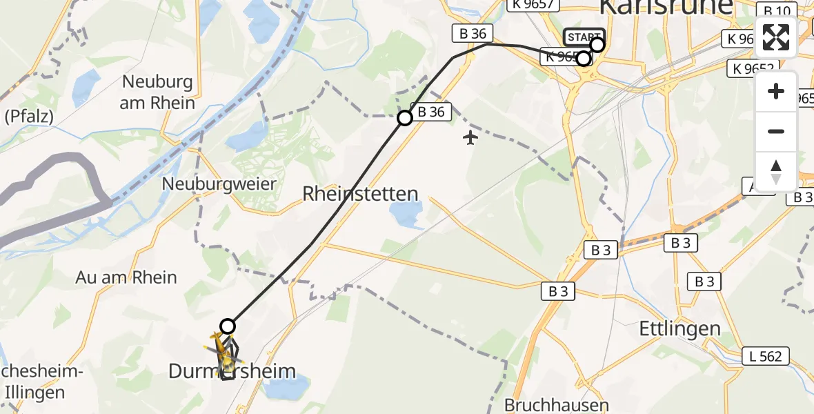 Flugroute Rettungshubschrauber Sankt Vincentius Hospital - Durmersheim, 10 April 2026, 14:39
