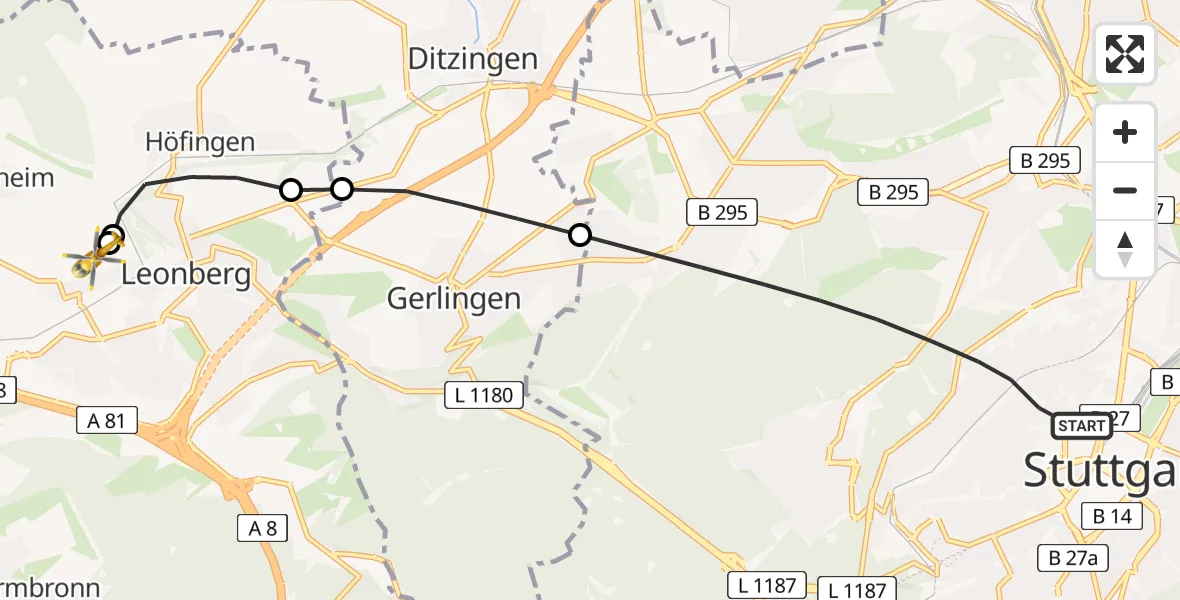 Flugroute Rettungshubschrauber Stuttgart - Leonberg Hospital, 10 April 2026, 14:44