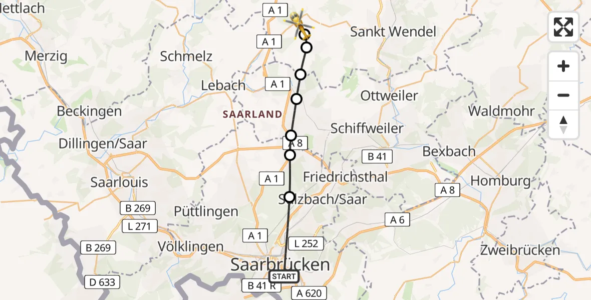 Flugroute Rettungshubschrauber Saarbrücken - Tholey, 10 April 2026, 14:46