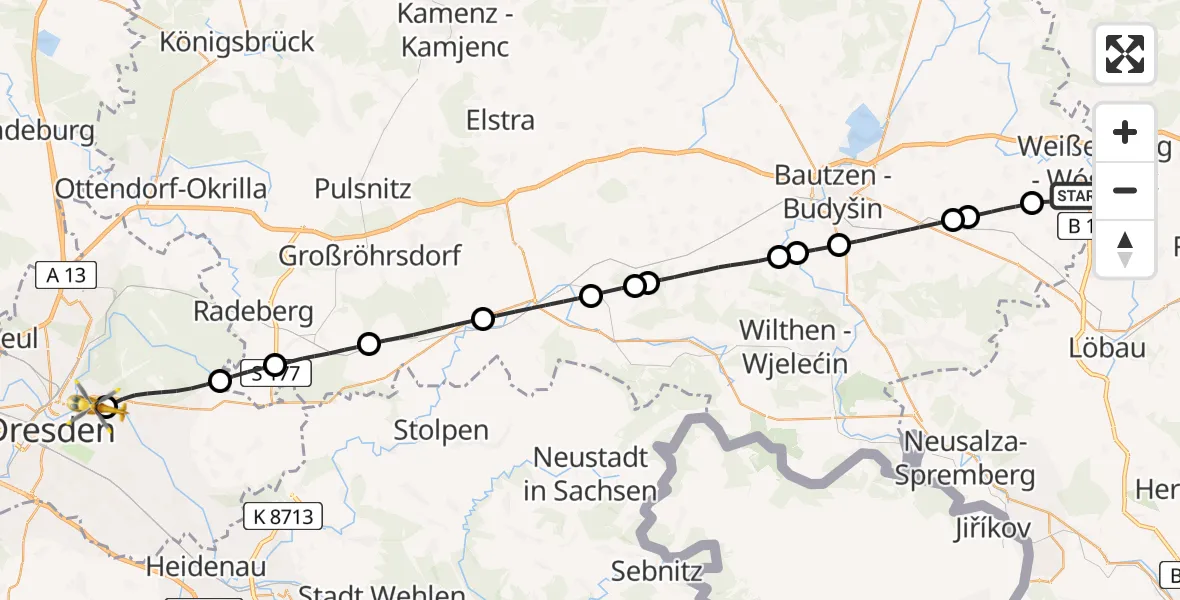 Flugroute Rettungshubschrauber Weißenberg - Dresden Elbwiesen Hubschrauberlandeplatz, 10 April 2026, 14:47