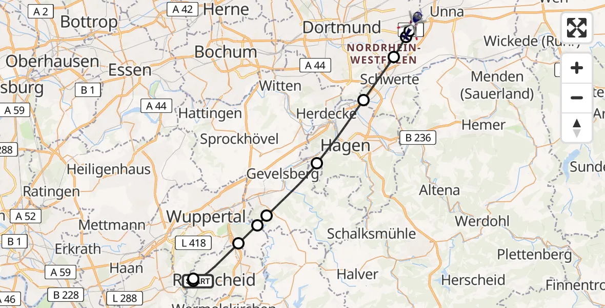 Flugroute Polizeihubschrauber Remscheid - Dortmund Flughafen, 10 April 2026, 14:53