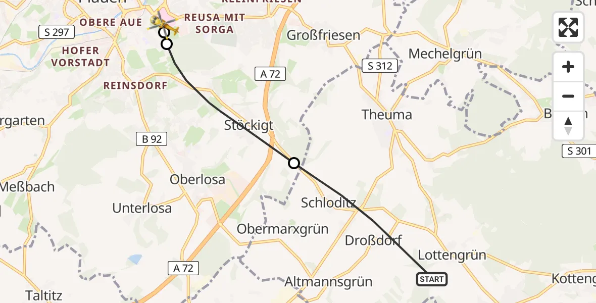 Flugroute Rettungshubschrauber Tirpersdorf - Helios Clinic Plauen, 10 April 2026, 14:56
