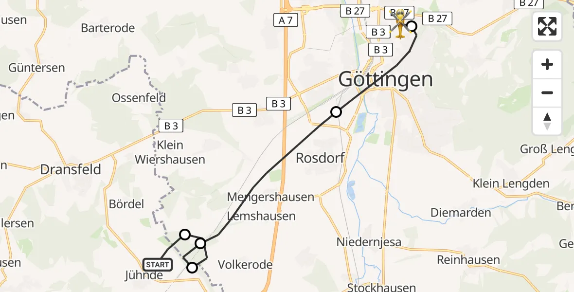 Flugroute Rettungshubschrauber Jühnde - Göttingen University Clinic Hubschrauberlandeplatz, 10 April 2026, 14:57