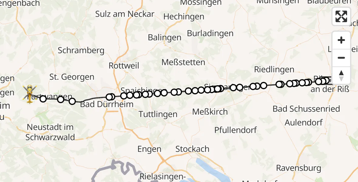 Flugroute Rettungshubschrauber Sana Clinic Biberach District Hospital - Simonswald, 10 April 2026, 15:01
