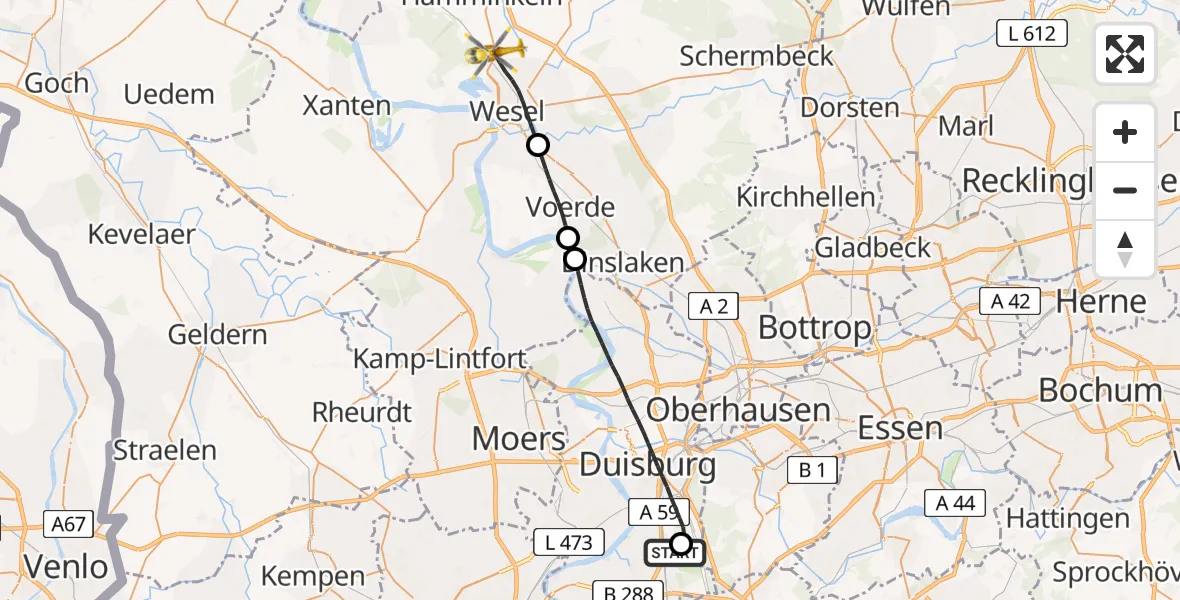 Flugroute Rettungshubschrauber Duisburg Air Rescue Hubschrauberlandeplatz (Christoph 9) - Wesel, 10 April 2026, 15:10