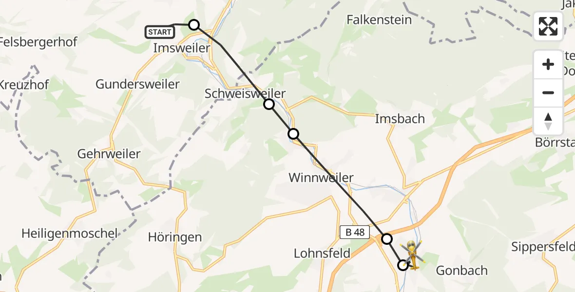 Flugroute Rettungshubschrauber Imsweiler UL - Münchweiler an der Alsenz, 10 April 2026, 15:12