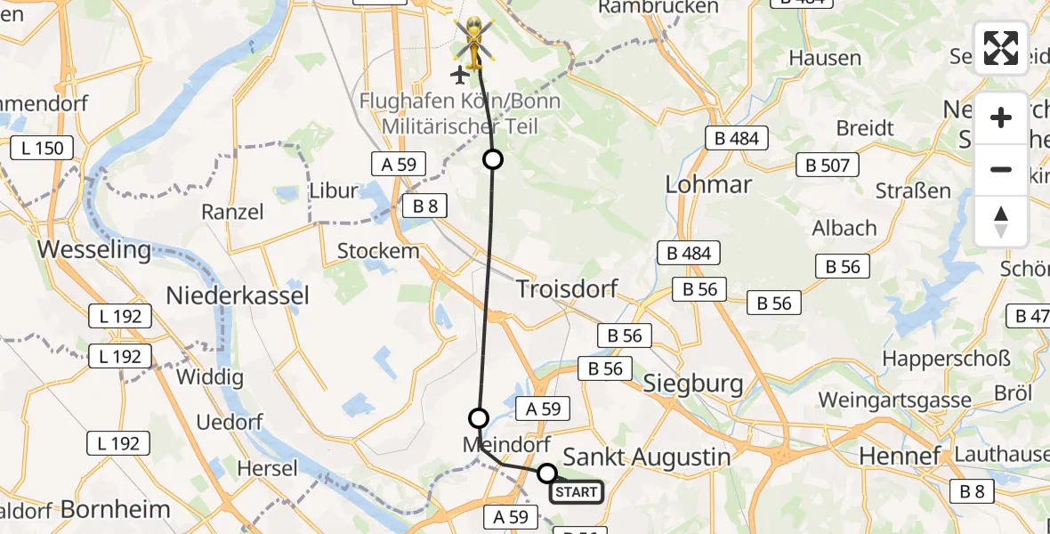 Flugroute Ambulanzhubschrauber Bonn-Hangelar Flugplatz - Köln Bonn Flughafen, 10 April 2026, 15:21