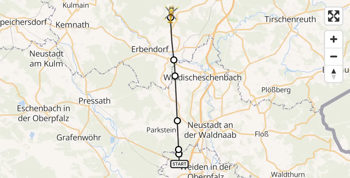 Flugroute Rettungshubschrauber Weiden i.d.OPf. - Friedenfels, 10 April 2026, 15:23