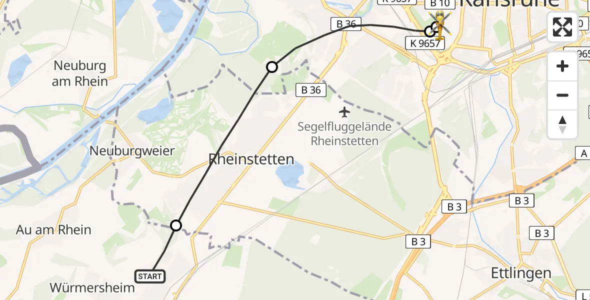 Flugroute Rettungshubschrauber Durmersheim - Sankt Vincentius Hospital, 10 April 2026, 15:24