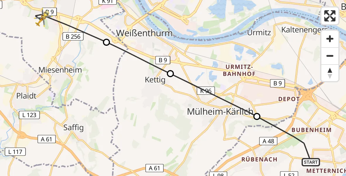 Flugroute Rettungshubschrauber Koblenz - Andernach, 10 April 2026, 15:25