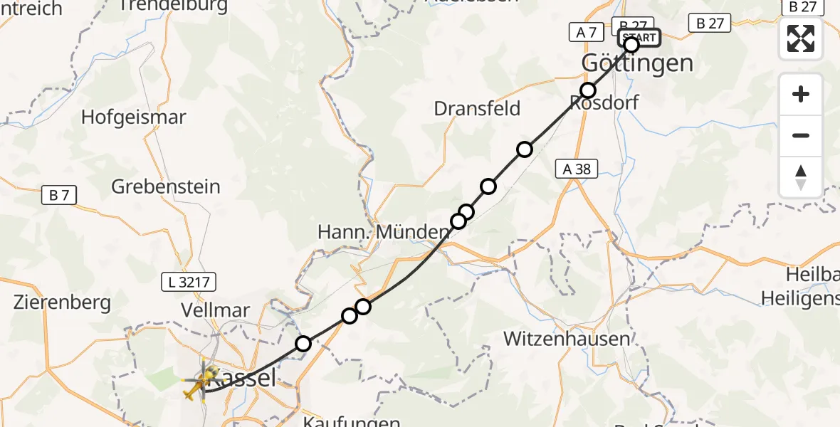 Flugroute Rettungshubschrauber Göttingen University Clinic Hubschrauberlandeplatz - Kassel, 10 April 2026, 15:30