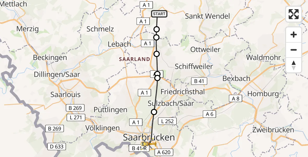 Flugroute Rettungshubschrauber Tholey - Saarbrücken, 10 April 2026, 15:33