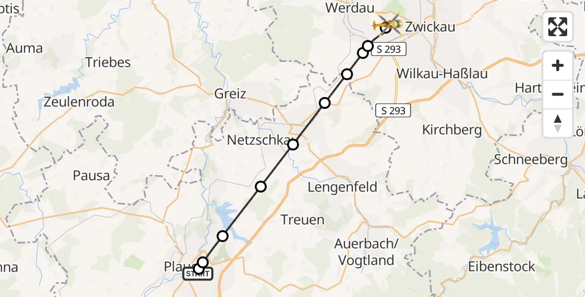 Flugroute Rettungshubschrauber Helios Clinic Plauen - ADAC Air Rescue Station Zwickau Hubschrauberlandeplatz, 10 April 2026, 15:34