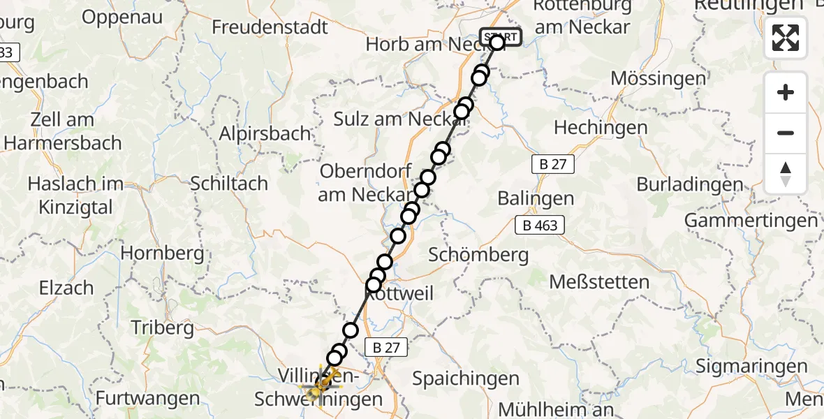 Flugroute Rettungshubschrauber Eutingen im Gäu - DRF Air Rescue Station Villingen-Schwenningen Hubschrauberlandeplatz (Christoph 11), 10 April 2026, 15:36